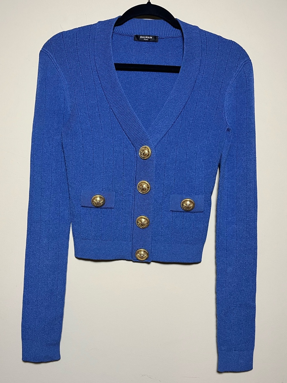 Balmain Rib Knit Cropped Cardigan Sweater Blue Gold Buttons Size 34 Women’s XS